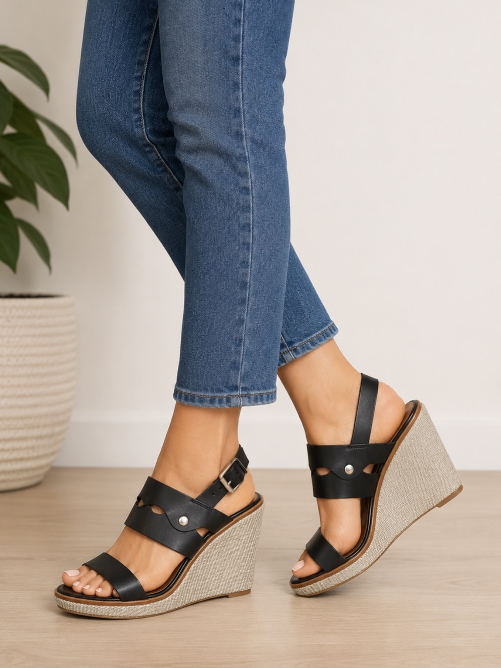 1.STATE Gizela Black Leather Wedge Sandals 7 Platform Studded Boho Heels